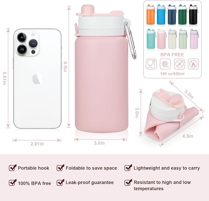 PLTCAT Collapsible Foldable BPA Free Reusable Lightweight Leak-Proof Travel Silicone Water Bottle for Travel, Gym, Hiking, Office, Camping