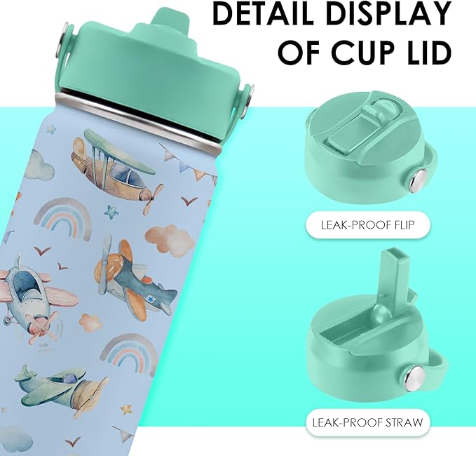 Airplane Gifts - 16oz Kids Blue Airplane Water Bottle with Straw Lid, Stainless Steel Insulated Tumbler, Leakproof, BPA-Free, for Boys, School, Travel - Helicopter Pilot Lovers Birthday Gift Cup (1pc)