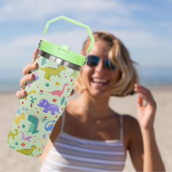 30oz Dinosaur CoffeeTravel Mug Cup Water Botter Flip Tumbler with Handle lid and Straw,Dinosaur Stuff Decor Accessories
