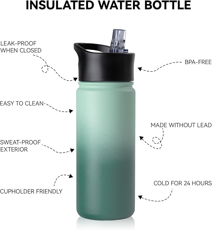 16 oz Insulated Water Bottle for School, Straw & Spout Lid, Keep Cold 24H, Spill Proof, BPA-Free, Double Wall Stainless Steel Kids Water Bottles for Sports, Gym, Travel, Green Gradient