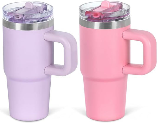 Cosictic 14 Oz Flip Straw Tumbler with Handle for Kids, Stainless Steel Double Wall Insulated Cup for Children with Flip Top Lid, 14 Oz Leak-proof Cups for Kids,Purple and Pink