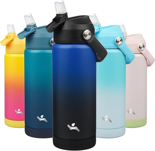 Insulated Water Bottle with Straw Lid,18 oz Stainless Steel Vacuum Metal Bottle with Silicone Handle,Black Blue