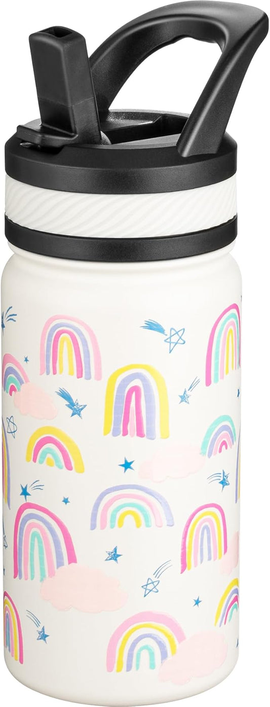 Fanhaw 14 Oz Kids Insulated Water Bottle with Straw - Stainless Steel Double Wall Vacuum Cup, Leakproof, BPA Free, Suitable for Boys and Girls(White - Rainbow Dream)