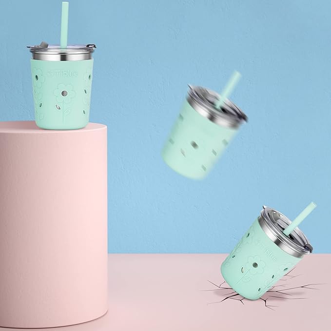 Tiblue Kids & Toddler Cups, 4 Pack 8oz Spill Proof Stainless Steel Tumblers with Leak Proof Lids, Silicone Straw with Stopper & Sleeve, BPA FREE Snack Smoothie Drinking Cup for Baby Girls Boys