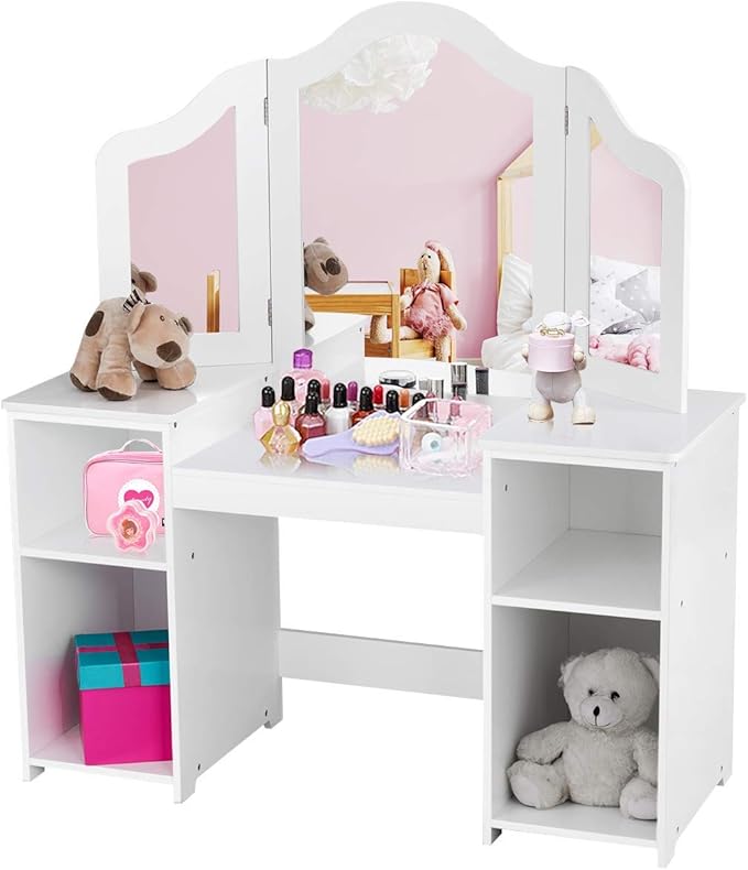 Costzon Kids Vanity, 2 in 1 Princess Makeup Desk Dressing Table with Detachable Top, Toddler Vanity with Tri-fold Mirror & Storage Shelves, Vanity for Little Girls, White