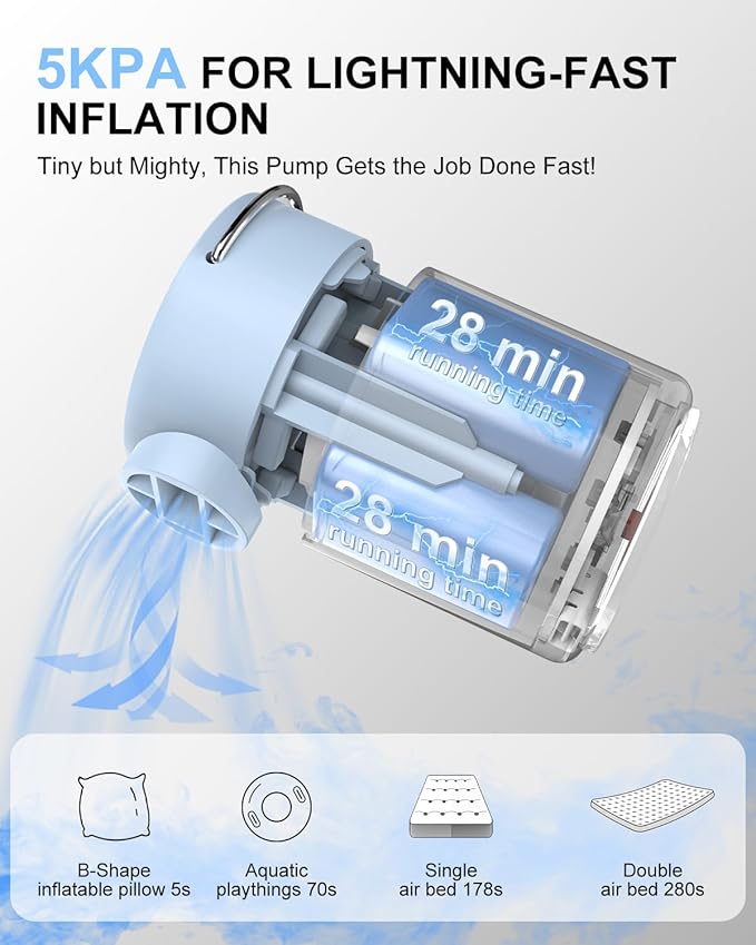 Portable Pool Inflatable Air Pump - 5kPa Upgrade Electric Camping Travel Vacuum Mini Inflator Pump for Inflatables - Battery Mattress Bed Small Float Pumps - Tiny Rechargeable Pumps for Storage Bags