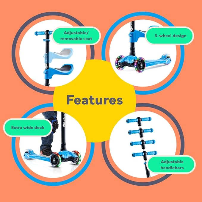 LaScoota 2-in-1 Kids Kick Scooter, Adjustable Height Handlebars and Removable Seat, 3 LED Lighted Wheels and Anti-Slip Deck, for Boys & Girls Aged 3-12 and up to 100 Lbs.