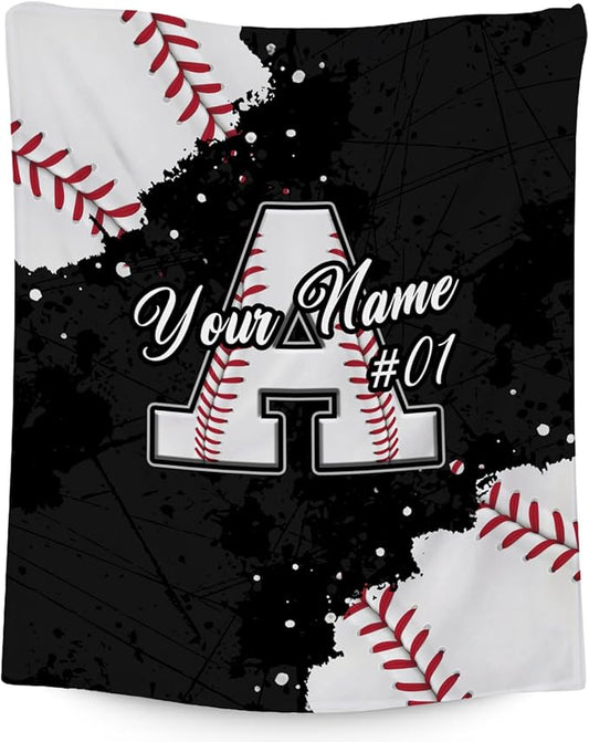 Personalized Baseball Blanket - Custom Initial Name Gifts for Boys - Soft Sports Flannel Throw for Teens Son - 50x60 Inches Large Blanket - Cool Ideas Decoration for Baseball Lovers