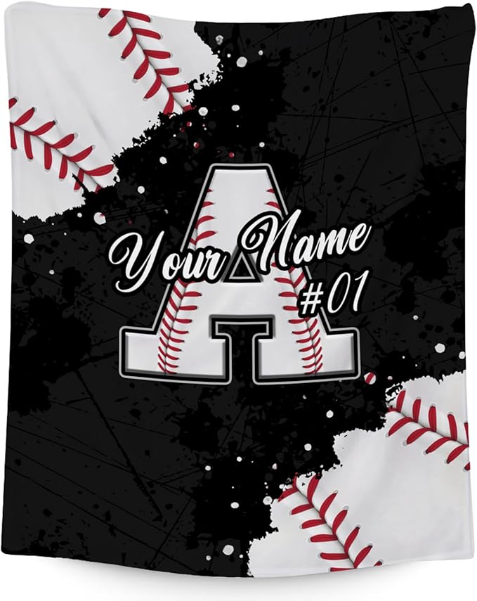 Personalized Baseball Blanket - Custom Initial Name Gifts for Boys - Soft Sports Flannel Throw for Adults - 60x80 Inches Large Blanket - Cool Ideas Decoration for Baseball Lovers