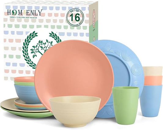 Homienly Premium Dinnerwave Sets, Lightweight & Unbreakable Wheat Straw Dish Set - Plates and Bowls Set with Cups, 16 PCS Microwave and Dishwasher Safe Dinnerware Set - Multi Light