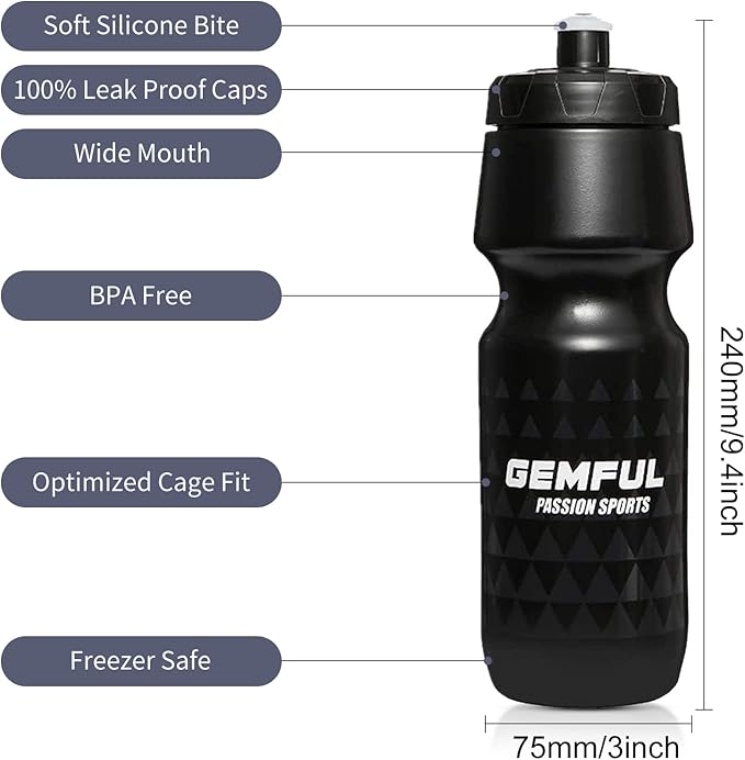 GEMFUL 24 oz Cycling Water Bottle and Cage Set BPA Free Bike Water Bottle Holder Combo Leak Proof Lightweight 750ml Fits MTB Mountain Road Bicycle (Black)