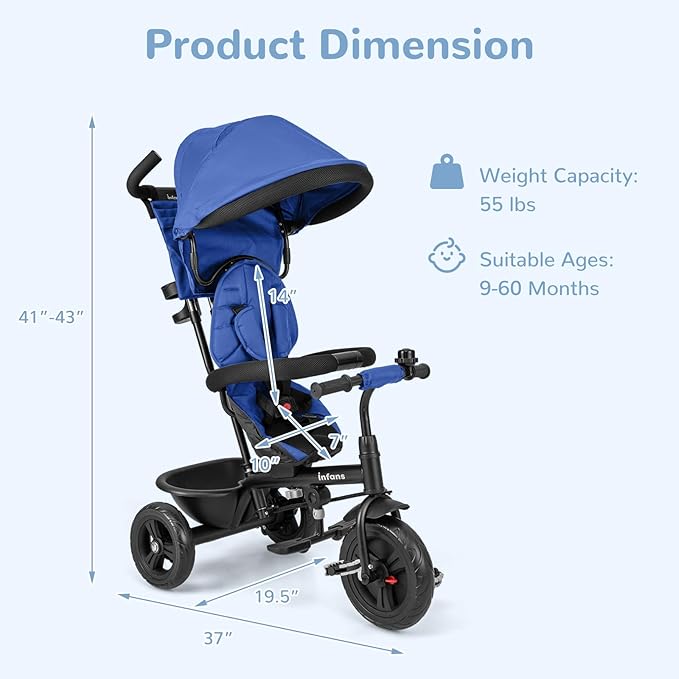 INFANS Kids Tricycle, 6 in 1 Baby Trike Toddler Bike with Reversible Seat, Adjustable Push Handle, Control Direction, Removable Canopy, Safety Harness, Belt, Storage, 9-60 Months (Blue)