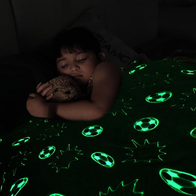 Soccer Glow in The Dark Blanket Sports Gifts for Kids Boys Teen Girls Christmas Birthday Easter Gift Fun Magical Decor Soft Plush Flannel Furry Fluffy Nap Sleep Throw Blanket Grey 60"x80"