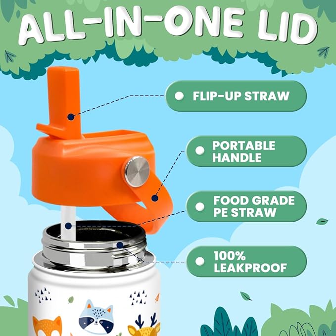 Kids Water Bottle with Straw Lid - 12 Oz Insulated Stainless Steel Animal Water Bottles for Kid Boys Girls - Travel Cup for School Sports