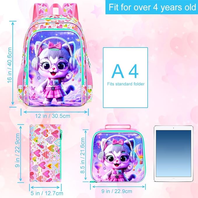 CCJPX 3Pcs Cat Backpack for Girls, 16” Kids Bookbag with Lunch Box, Water Resistant Elementary School Bag for Kindergarten Preschool Toddler (Pink)