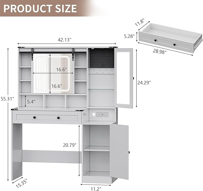 Makeup Vanity Desk with Sliding Mirror and Lights, Farmhouse Vanity Table Set with Power Outlet & RGB Cabinet, Dressing Table with Storage Drawers & Shelves for Kids Girls Women Bedroom, White
