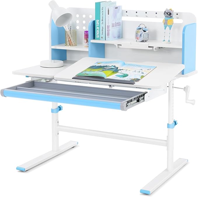 COSVALVE 39in Wide Adjustable Height Kids Desk with Tilting Desktop, Steel Frame, Drawer, and Bookshelf Hutch, Study Child Table for Ages 3-12, Blue