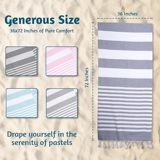 Urban Villa Set of 6 Turkish Beach Towel Oversized 36x72 Absorbent Extra Large - Sand Free Quick Dry Pestemal Bath Towels - Lightweight Travel Cruise Camping Spa Towels - Indigo Blue