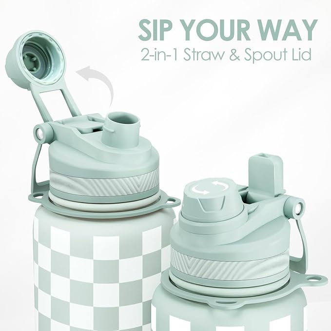 SANDJEST Checker Stainless Steel Water Bottle with Strap 32oz, Insulated Bottles with Straw and Spout Lid for Gym Sports Travel Outdoor, Gifts for Women Girls Birthday Christmas