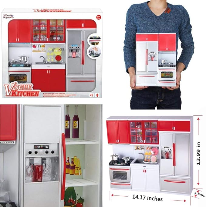 Gourmet Red Doll Modern Kitchen Mini Toy Playset with Lights and Sounds, Perfect for 12 Inch Dolls