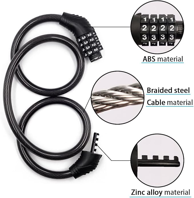 4 Digit 3 Feet Long Bike Lock Cable Combination, Resettable Anti Theft Bicycle Lock for Electric Scooter