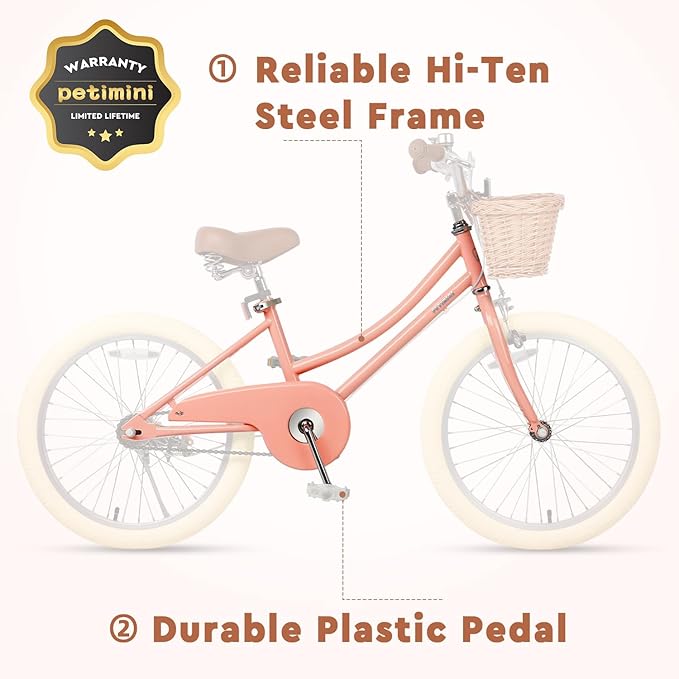 Petimini Girls Bike with Basket for 2-12 Years Old Kids, 12 14 16 18 20 Inch Bicycle with Bell Training Wheels Basket, Multiple Colors
