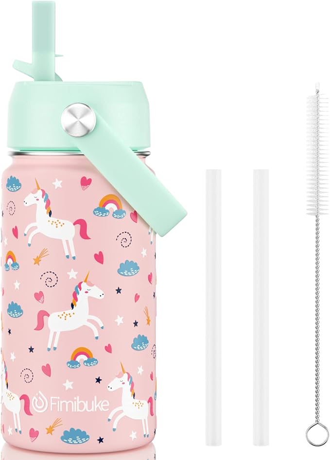 Fimibuke Kids Insulated Water Bottle, 14oz BPA FREE 18/8 Stainless Steel Travel Tumbler Double Wall Vacuum Leak Proof Kids Cup with Straw Metal Water Bottle for School Boys Girls(1 Pack, UNICORN)