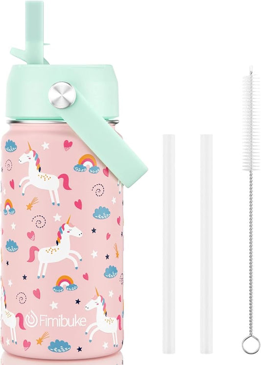 Fimibuke Kids Insulated Water Bottle, 14oz BPA FREE 18/8 Stainless Steel Travel Tumbler Double Wall Vacuum Leak Proof Kids Cup with Straw Metal Water Bottle for School Boys Girls(1 Pack, UNICORN)