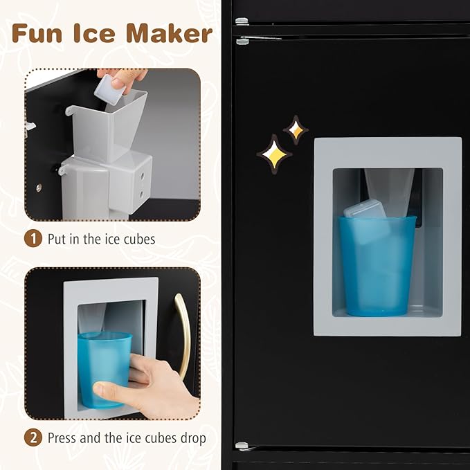 Costzon Kids Kitchen Playset, Wooden Pretend Cooking Toy Set w/Real Sound, Large Blackboard, Telephone, Microwave, Ice Maker, Dishwasher, Oven, Storage Space, Play Kitchen for Kids Ages 3+ (Black)