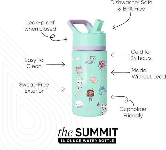 Simple Modern Kids Summit Water Bottle with Straw Lid | Gabby's Dollhouse 14oz Stainless Steel Cup Insulated Tumbler for Toddlers, School | Gabby's Friends
