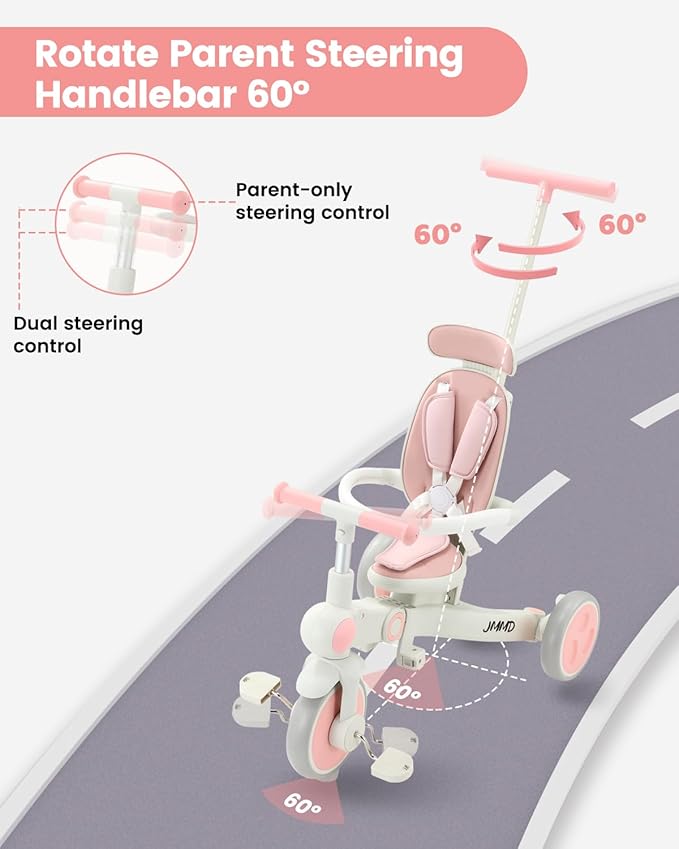 JMMD Baby Tricycle, 7-in-1 Foldable Kids Trike with Adjustable Parent Handle, Safety Harness & Wheel Brakes, Removable Canopy, Stroll Trike for Boys & Girls Ages 18 Months-5 Years, Pink