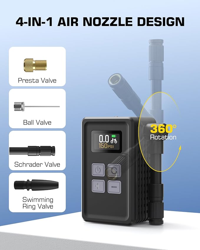 Mini Electric Bike Pump, 29s Fast Inflation, 150PSI Portable Bike Air Pump with Pressure Gauge, Presta and Schrader Valves, Suitable for Road Bikes, Mountain Bikes, Motorcycles, and Balls