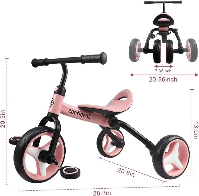 YGJT 4 in 1 Tricycle for Toddlers Age 2-5, Folding Kids Trike Tricycles Toddler Bike with Adjustable Seat and Removable Pedal, Baby Balance Bike Ride-on Toys Gift for Baby Boys Girls Birthday