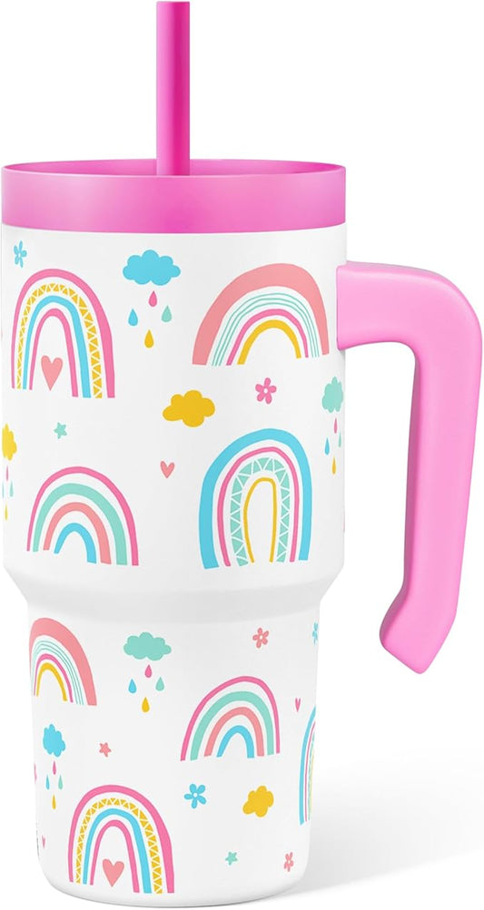 Rainbow Tumbler 20oz with Handle and Silicone Straw Lid for Kid, Insulated Stainless Steel Cup, Gift for Kids Girls, Gifts Idea for Birthday Christmas Back to School