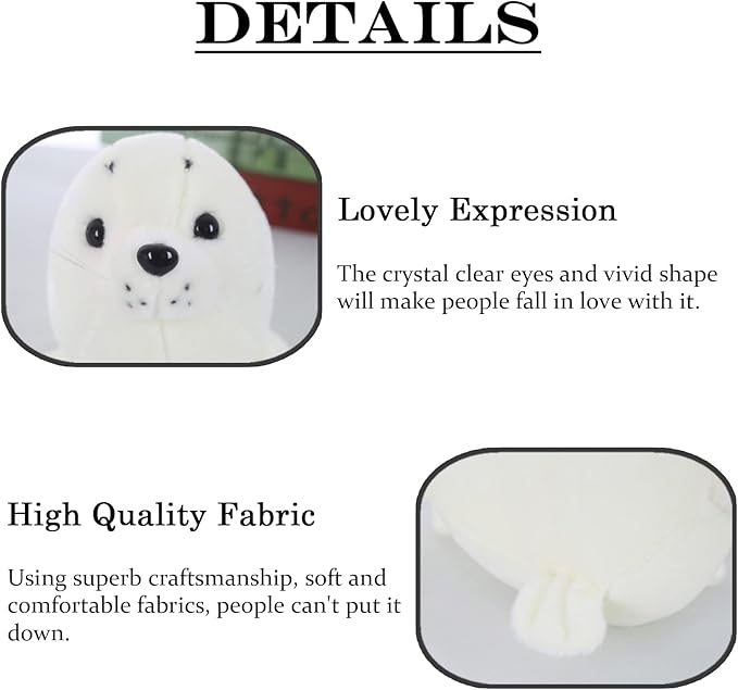 Seal Plush Stuffed Animal White Cute Toy Pillow Kawaii Doll for Kids, 11.8 inch