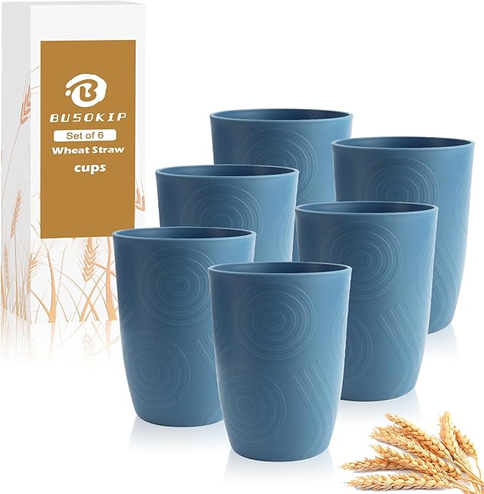 Premium Wheat Straw Cups Drinking Glasses Set of 6 Alternative to Plastic Cups Reusable Unbreakable Water Tumblers 12 OZ Microwave and Dishwasher Safe Cup for Kitchen - Blue