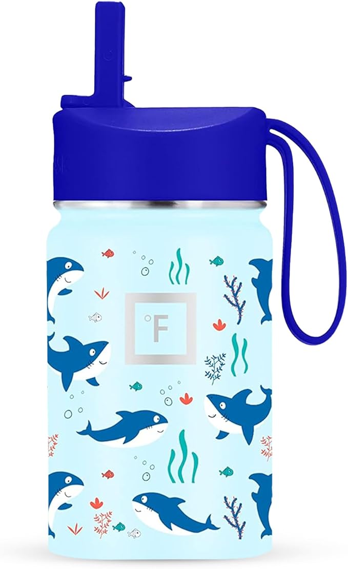 IRON °FLASK Kids Water Bottle - Straw Lid, 20 Name Stickers, Vacuum Insulated Stainless Steel, Double Walled Tumbler Travel Cup, Thermos Mug - Iron Shark, 10 Oz