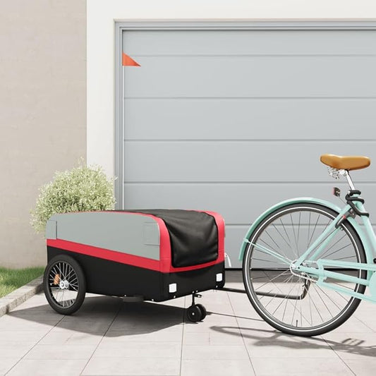 Bike Trailer Bicycle Cargo Trailer, Bike Wagon Trailer, Bike Cart with Safety Flag, Black and Red 99.2 lb Iron, 49.6"x24.8"x20.1"