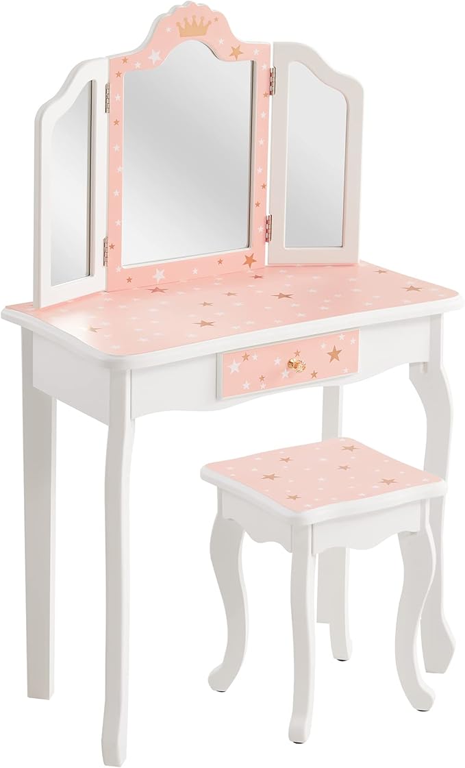 Kids Vanity Table and Chair Set, Girls Vanity Set with Stool, Tri-Folding Mirror, Makeup Dressing Princess Table with Drawer for Little Girls (Pink)
