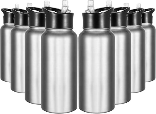 32 oz Insulated Water Bottle Bulk 8 Pack, Stainless Steel Sports Water Bottles with Straw Lid & Wide Mouth Lids, Double Walled Vacuum, Leak Proof, Stainless Steel