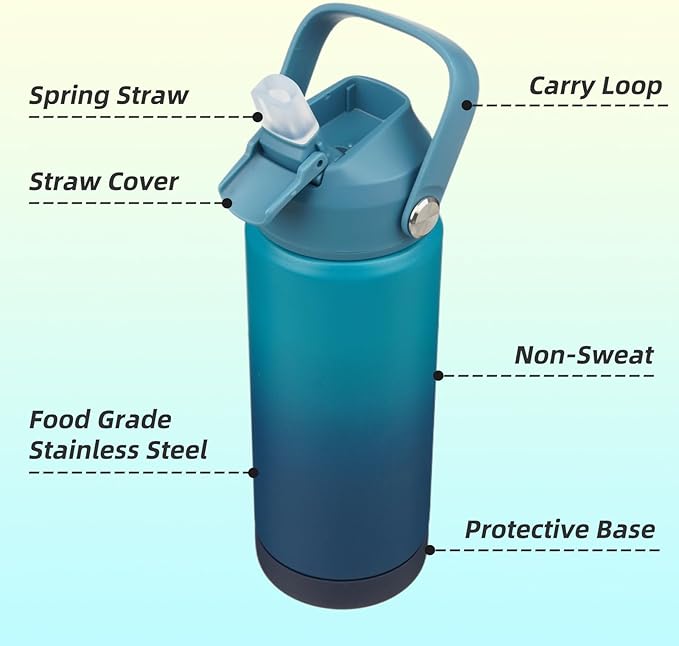 Insulated Water Bottle with Straw Lid,18 oz Stainless Steel Vacuum Metal Bottle with Silicone Handle,Vast