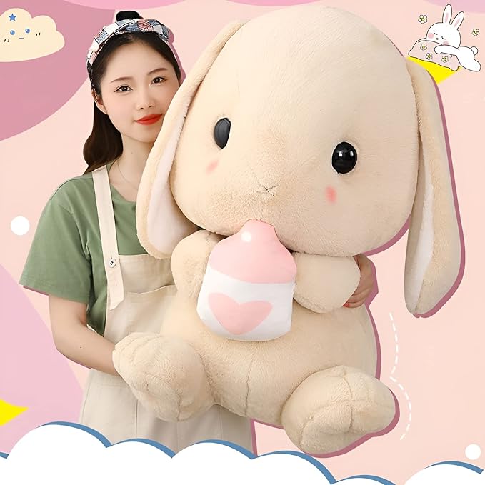 HOUPU Soft Toy - Sitting Lop Eared Rabbit, Easter White Rabbit Stuffed Bunny Animal with Carrot Soft Lovely Realistic Long-Eared Standing Pink Plush Toys (Brown-Milk Bottle,29.5in/75cm)