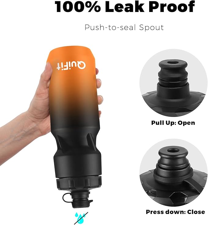 QuiFit Cycling Water Bottle 24oz, 2 Pack Sports Water Bottle BPA Free, Leakproof, Lightweight, With Dust Cap, Fits for Most Bike Drink Holder, for Biking, Running, Travel(Black+Black Orange, 24oz)