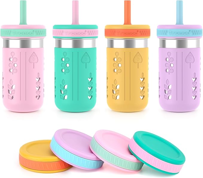 Tronco 4 Pack 15oz 2-in-1 Stainless Steel Kids Tumbler Cups with Silicone Sleeves, Spill-Resistant Flexible Straws & Storage Lids, BPA-Free Smoothie and Snack Cups, Dishwasher Safe