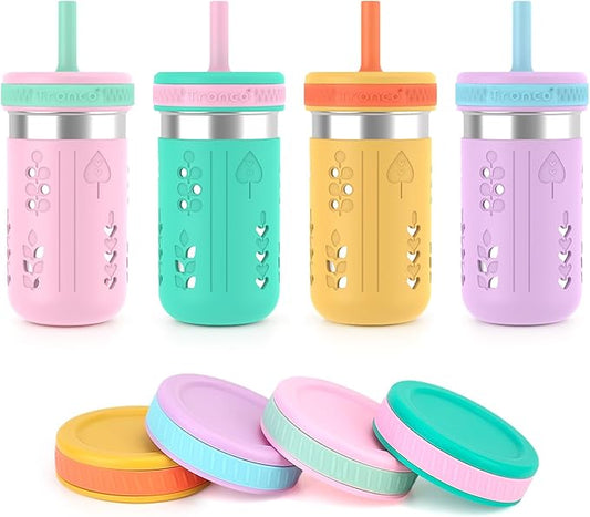 Tronco 4 Pack 15oz 2-in-1 Stainless Steel Kids Tumbler Cups with Silicone Sleeves, Spill-Resistant Flexible Straws & Storage Lids, BPA-Free Smoothie and Snack Cups, Dishwasher Safe