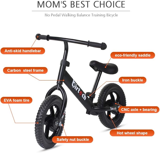 Birtech Balance Bike for 2,3,4,5 Year Old Kids, 12 Inch Toddler Balance Bike Kids Indoor Outdoor Toys, No Pedal Training Bicycle with Adjustable Seat Height, Airless Tire, Black