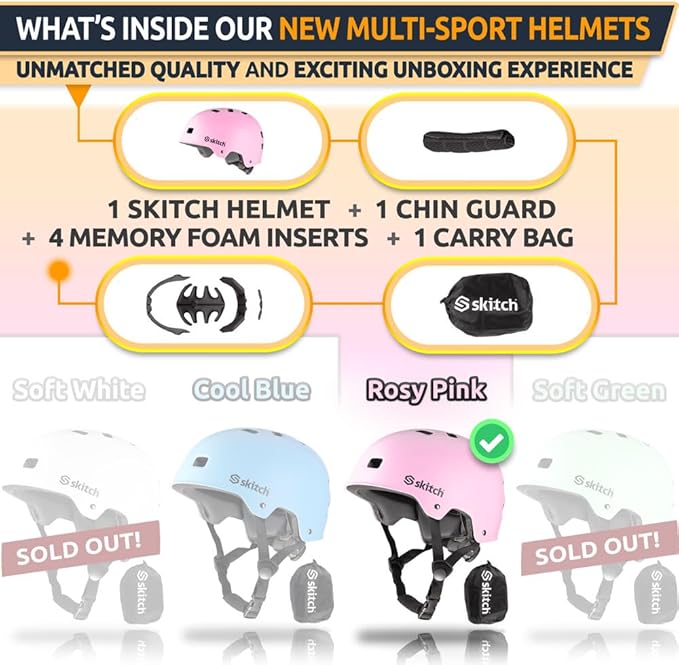 SKITCH Skateboard Helmet for Kids and Teens with Premium Grade Memory Foam Padding | Triple Certified Adjustable Protective Sport Head Gear for Scooter Roller Skate Inline Skating and Rollerblading