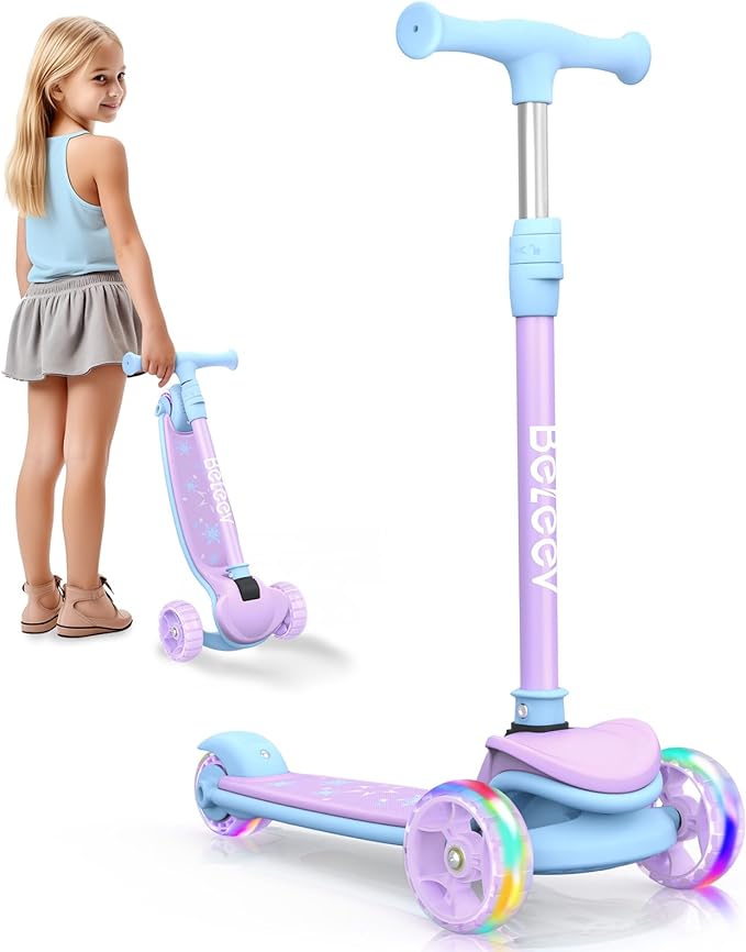 BELEEV A8 Scooter for Kids Ages 3-12, 3 Wheel Folding Scooter for Toddlers Girls Boys, LED Light-Up Wheels, 4 Adjustable Height, Lean to Steer, Extra Wide Wheels, Three Wheel Kick Scooter for Children