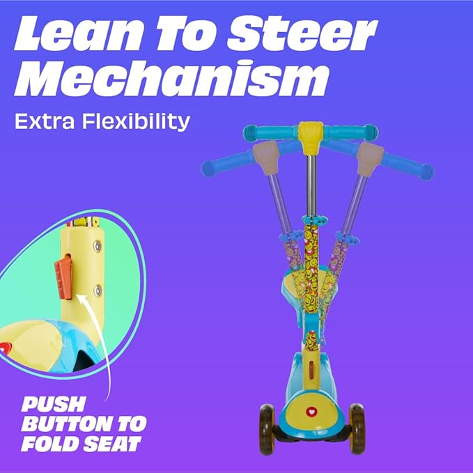 SKIDEE Kick Scooters for Kids Ages 3-5, Adjustable Height Foldable Scooter with Removable Seat, 3 LED Light Wheels, Rear Brake, Wide Standing Board, Suitable Up to 12 Year Old Boys/Girls