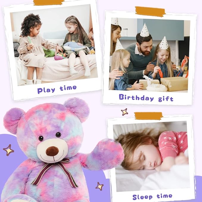 Tezituor 40in Giant Teddy Bear,Big Stuffed Animal Plush Toys,Rainbow Purple Soft Bear Plushie Gifts for Adult & Kids Boys Girls Baby Shower Party,Valentine, Christmas, Birthday